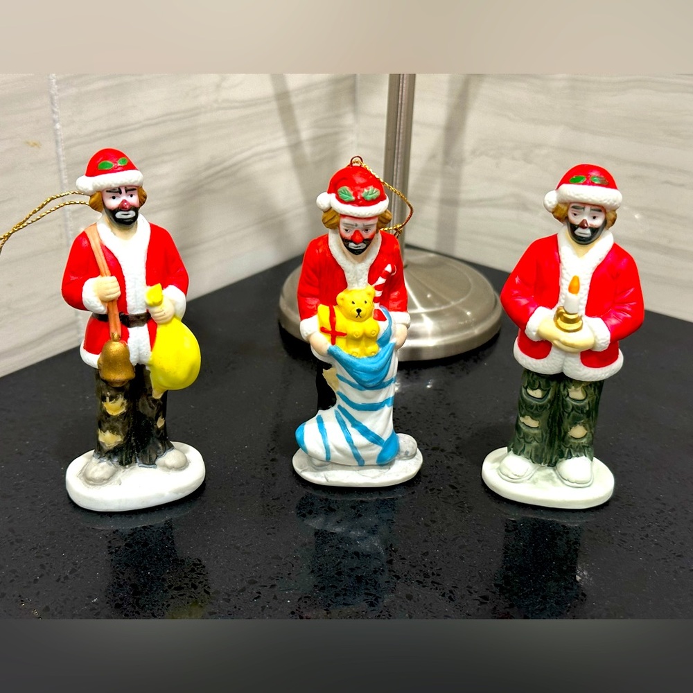 Vintage Emmett Kelly Clown Santa Set Of 3 Ornaments 1980s